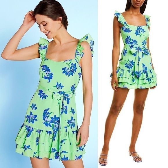 NWT LIKELY Tropical Floral Ruffle Sleeveless Fit & Flare Tie Waist Mini Dress 00 - Picture 1 of 8
